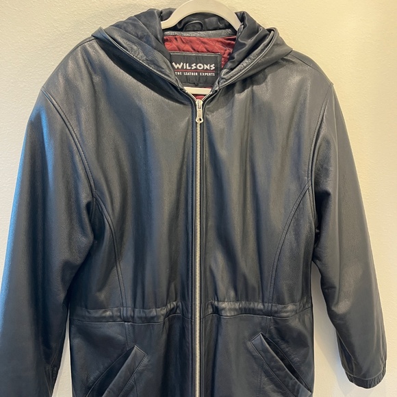 Vtg Wilson Leather Black Leather Hooded Mid-Length Jacket Coat Zip Quilted Lined - Picture 4 of 10